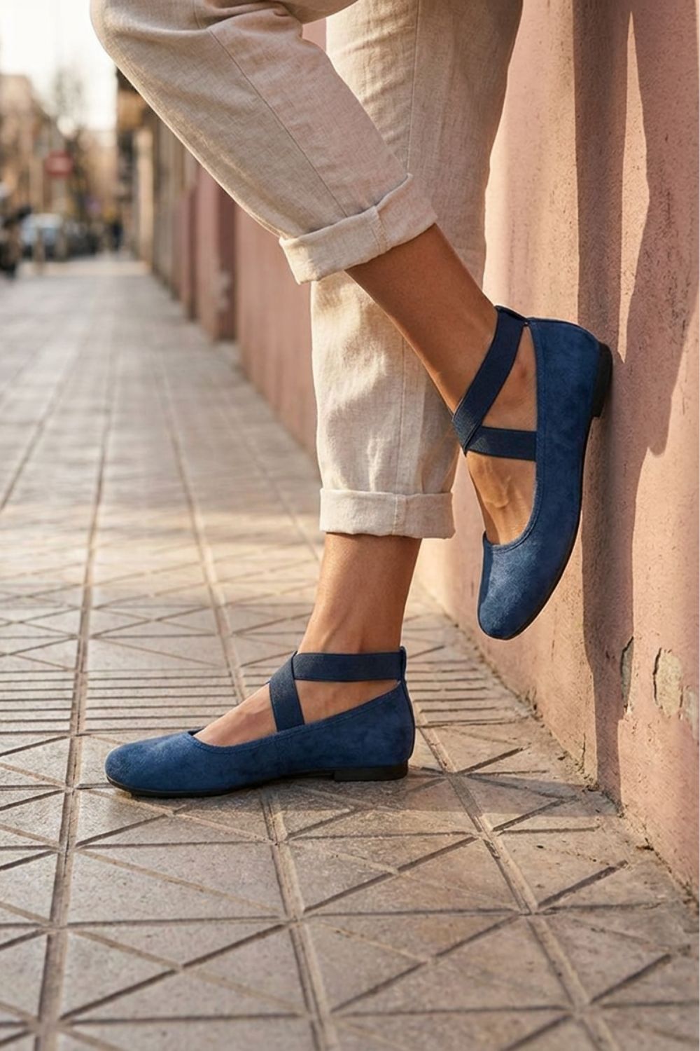 Suede Ballet Flats with Crisscross Ankle Strap