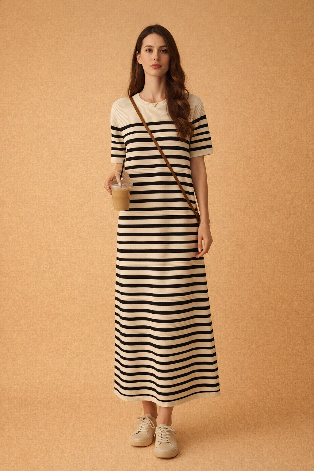 Striped Maxi T-Shirt Dress with Short Sleeves