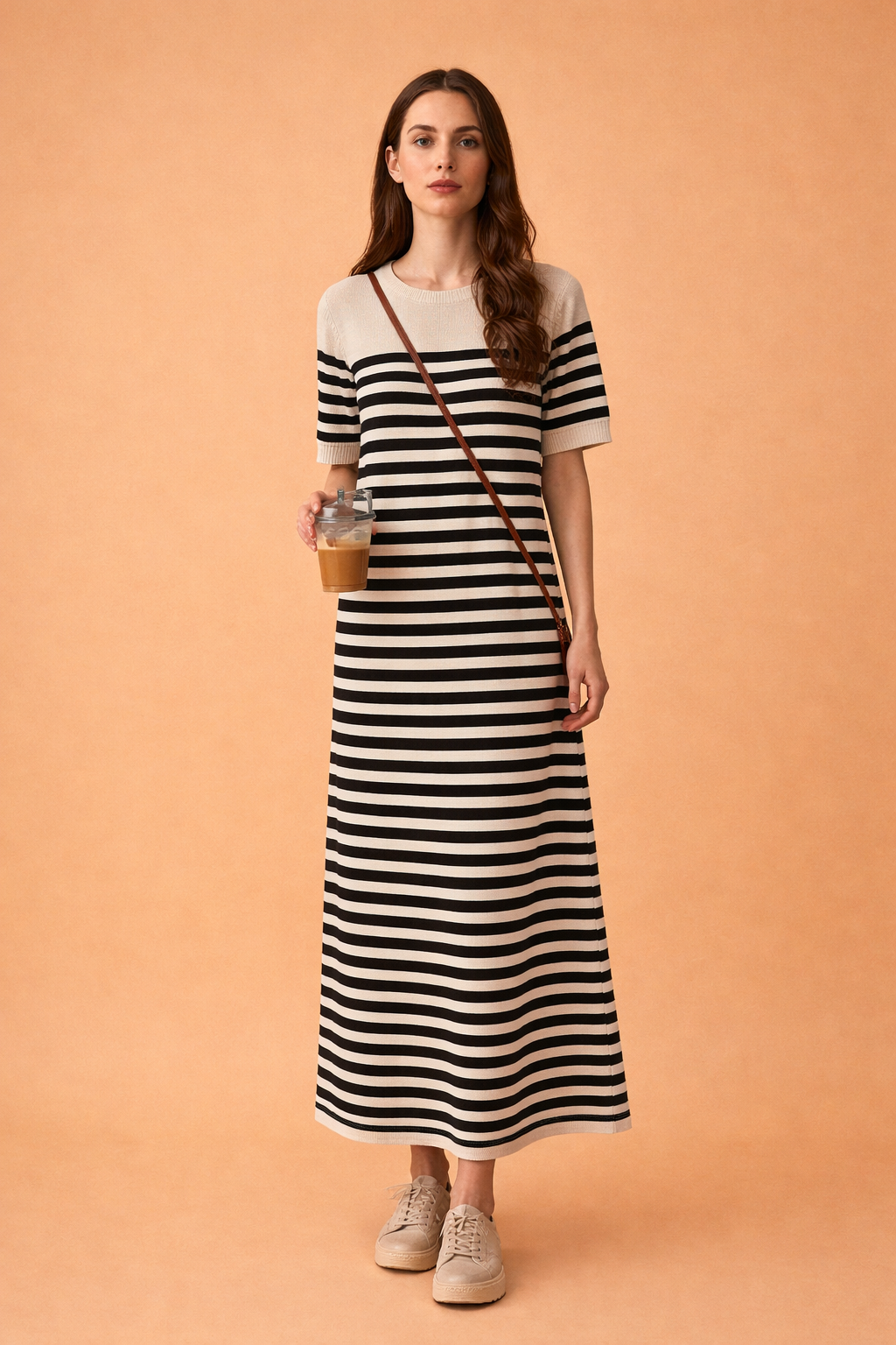 Striped Maxi T-Shirt Dress with Short Sleeves