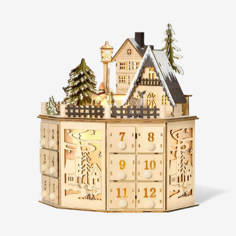 Calendrier de l’Avent en bois représentant un village avec lumières LED