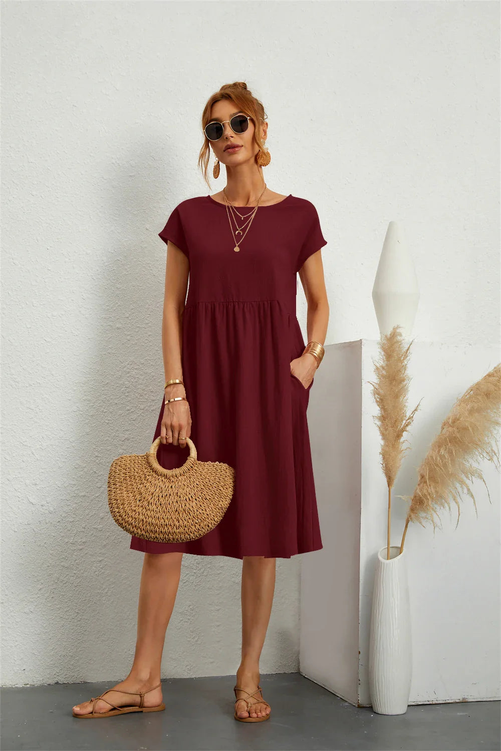 Relaxed Midi Dress with Dolman Sleeves and Pockets
