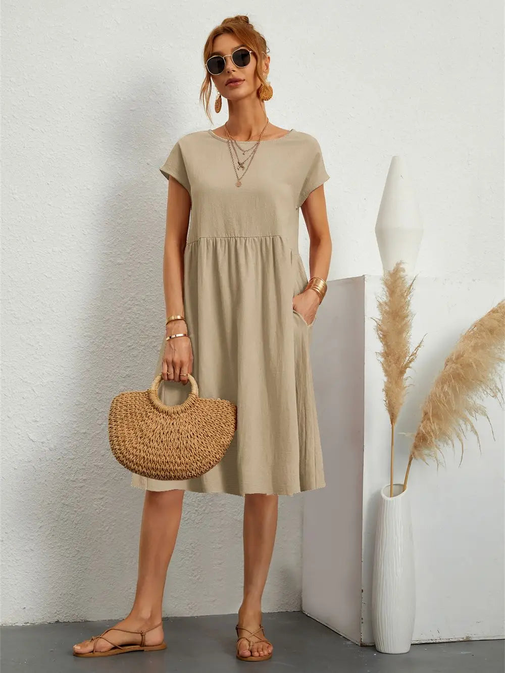 Relaxed Midi Dress with Dolman Sleeves and Pockets