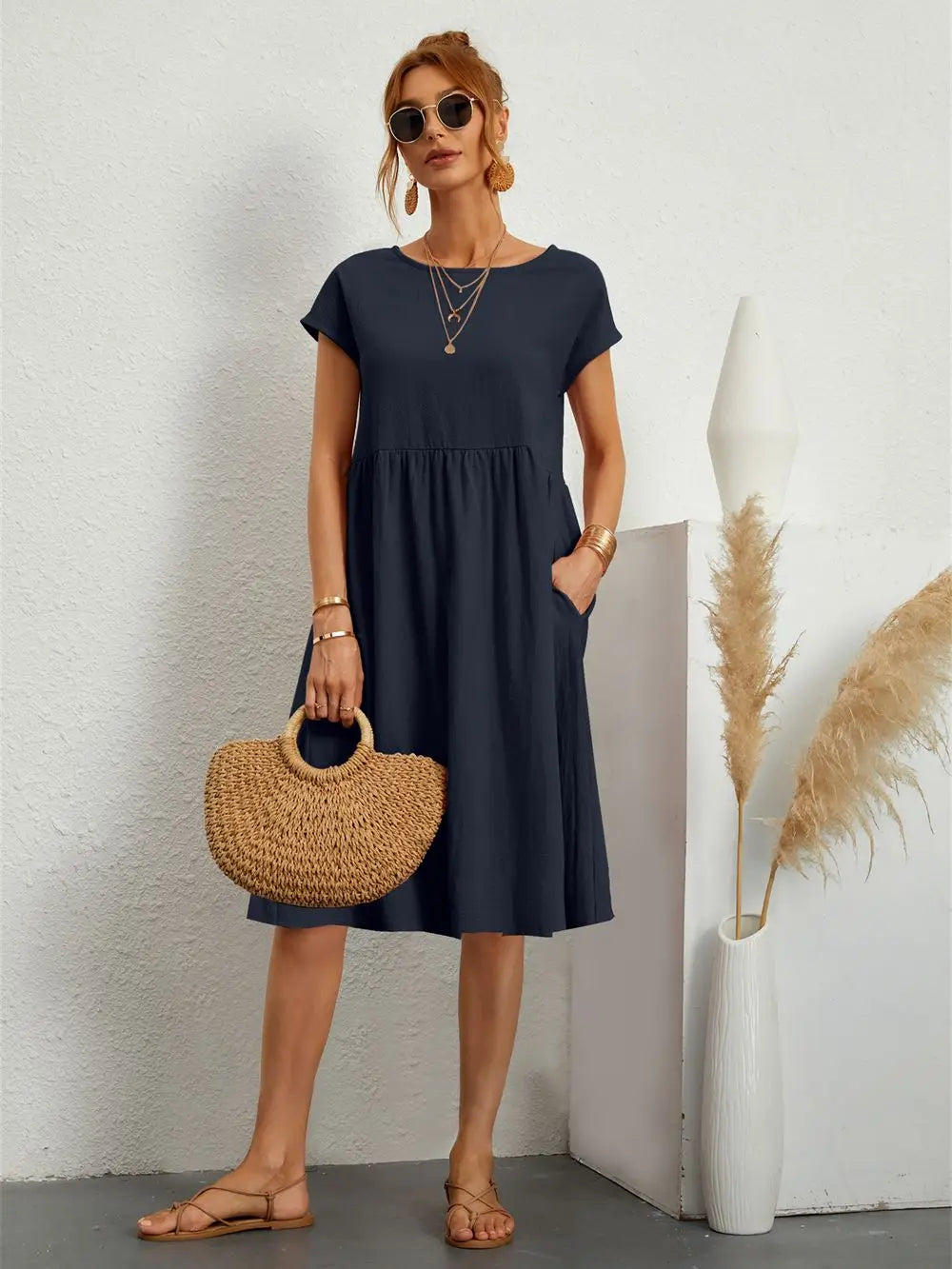 Relaxed Midi Dress with Dolman Sleeves and Pockets