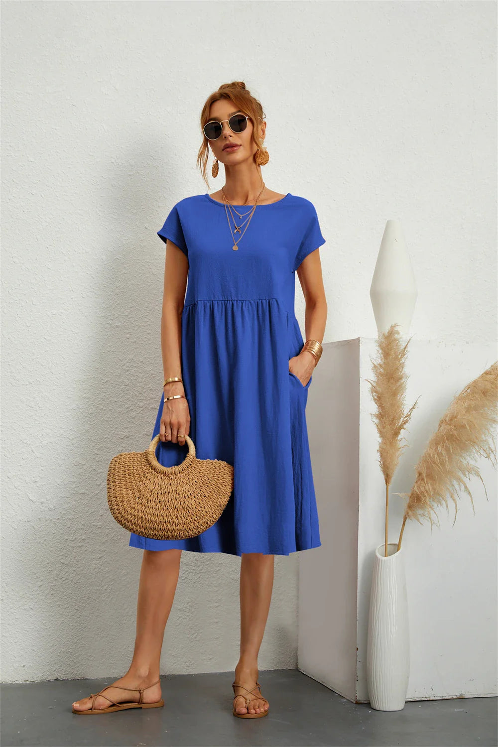 Relaxed Midi Dress with Dolman Sleeves and Pockets