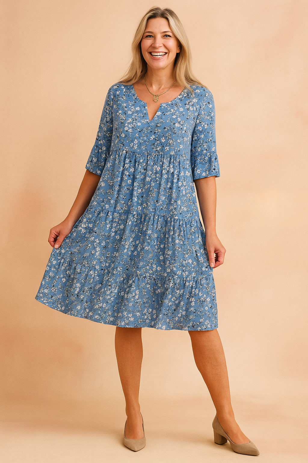 Floral Tiered Midi Dress with Flutter Sleeves