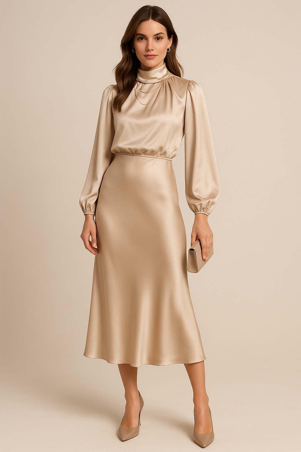 Women's High Neck Long Sleeve Satin Midi Dress