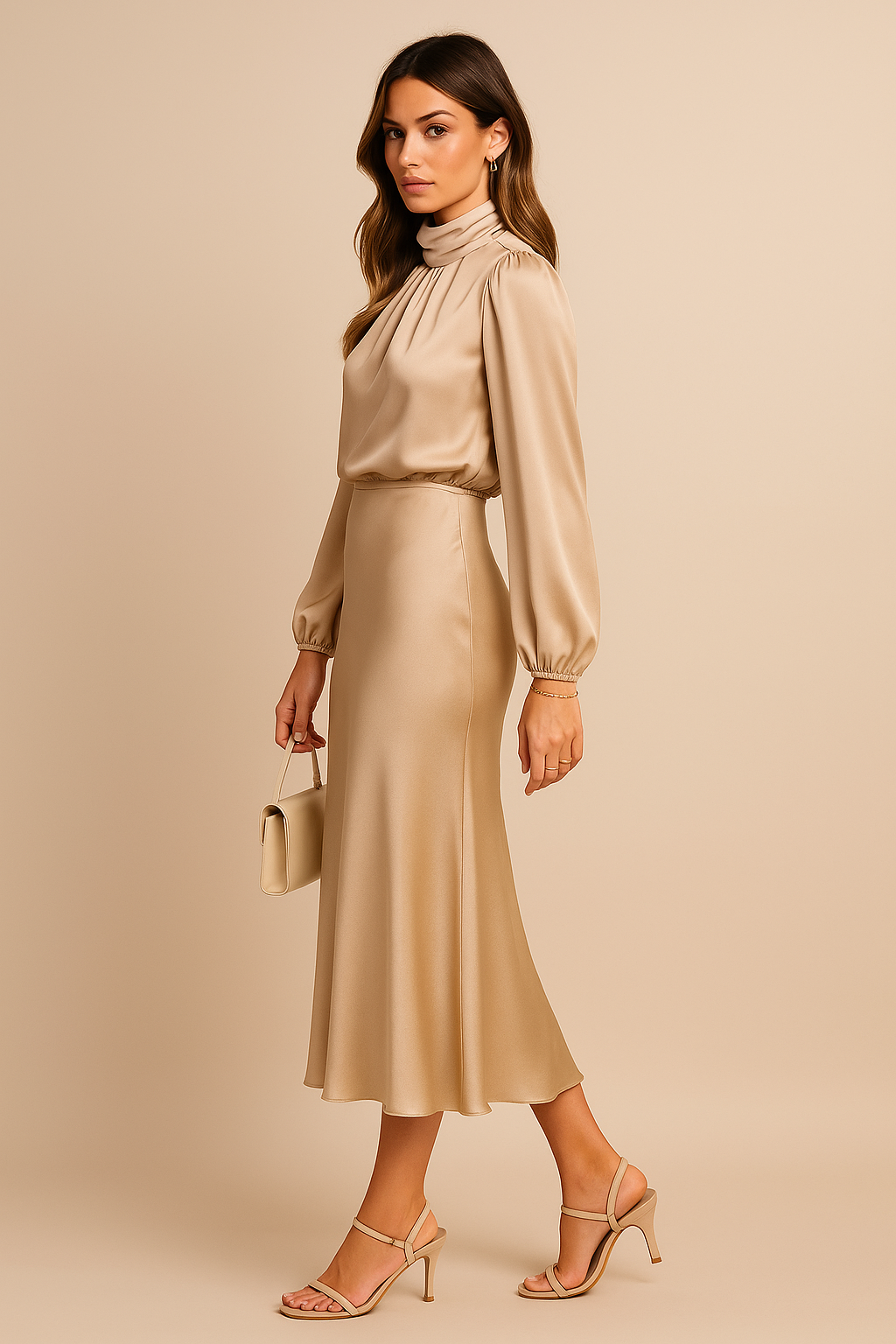 Women's High Neck Long Sleeve Satin Midi Dress