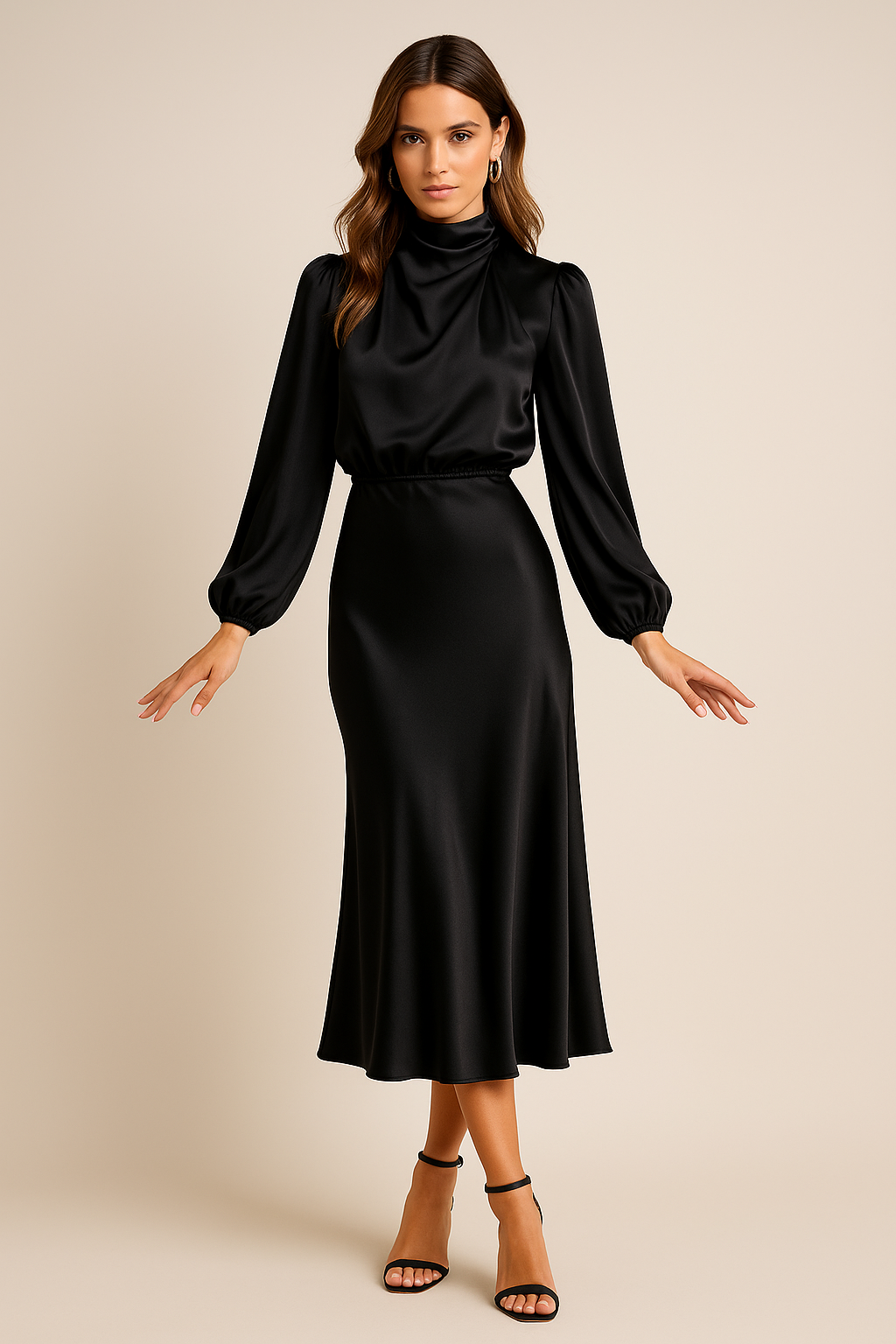 Women's High Neck Long Sleeve Satin Midi Dress