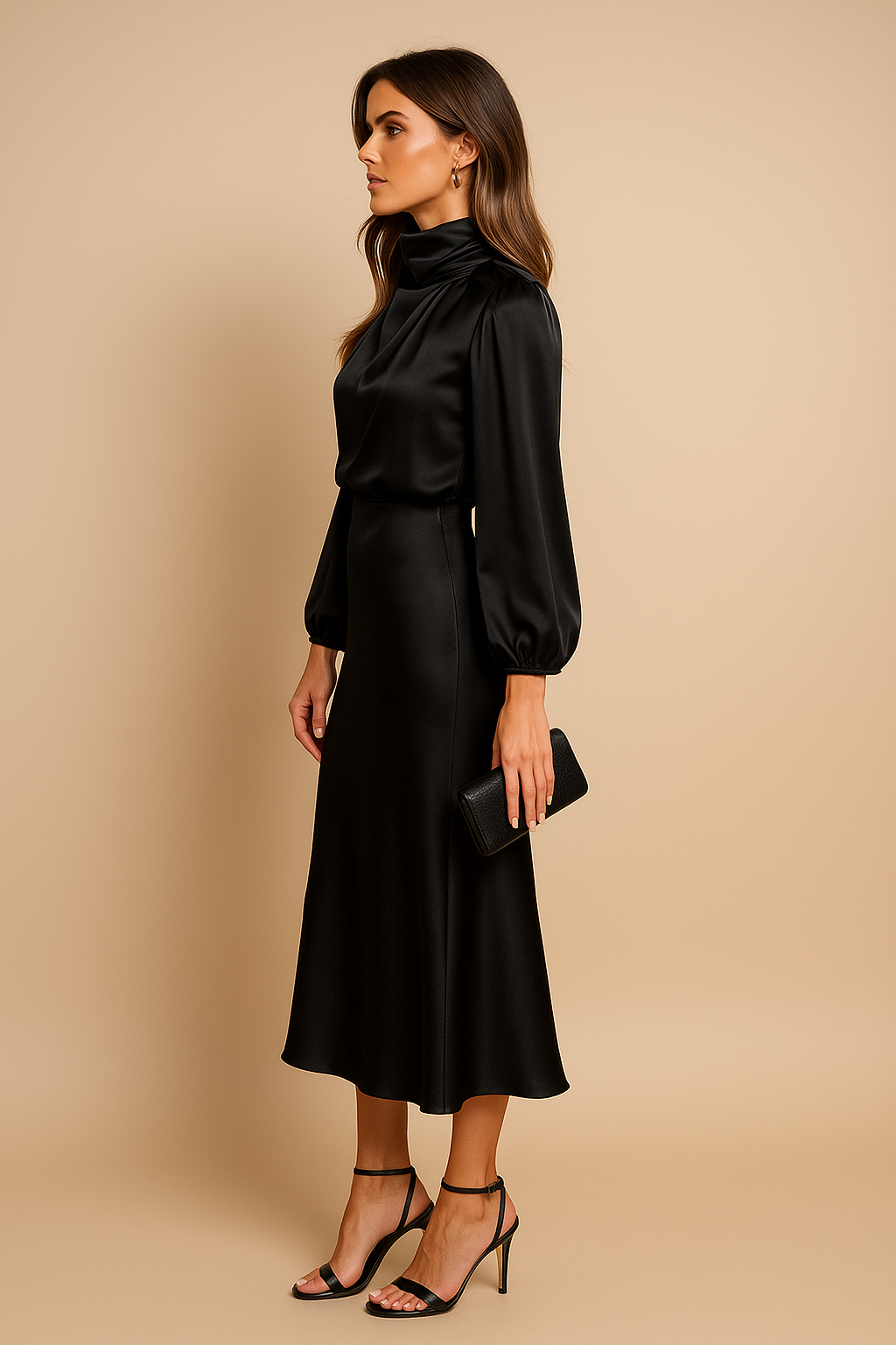 Women's High Neck Long Sleeve Satin Midi Dress
