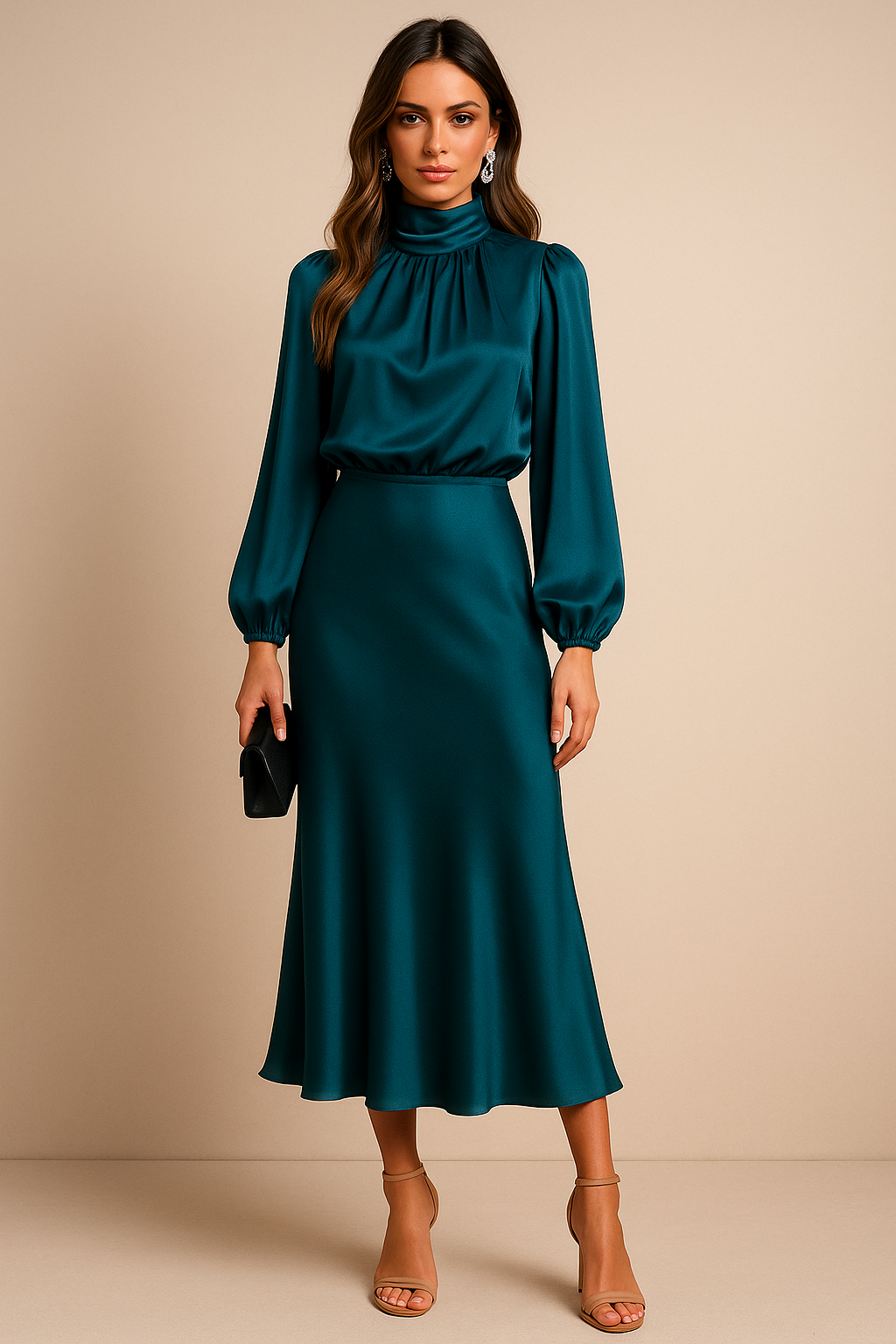 Women's High Neck Long Sleeve Satin Midi Dress