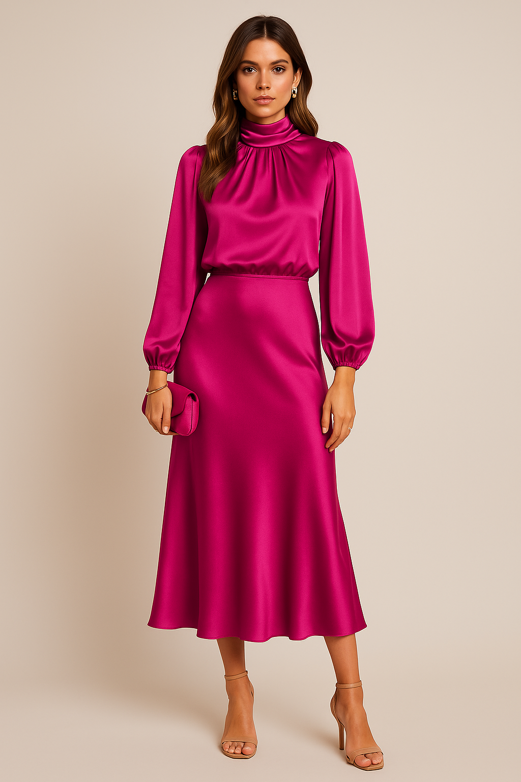 Women's High Neck Long Sleeve Satin Midi Dress
