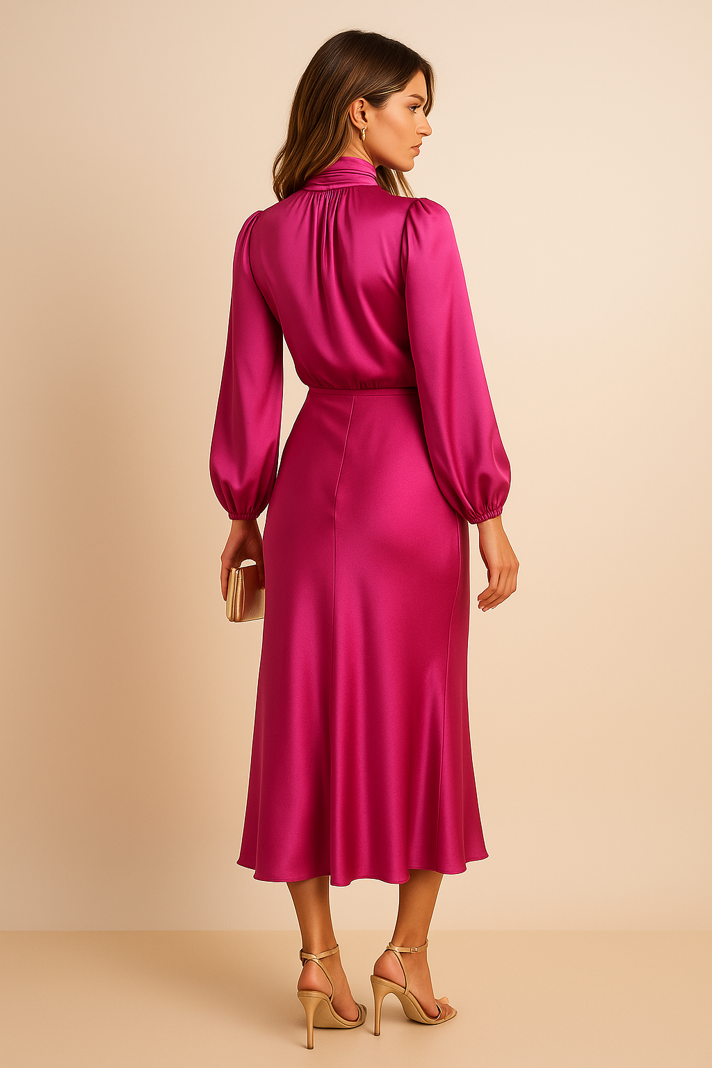 Women's High Neck Long Sleeve Satin Midi Dress