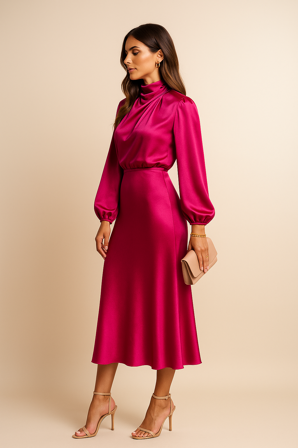 Women's High Neck Long Sleeve Satin Midi Dress