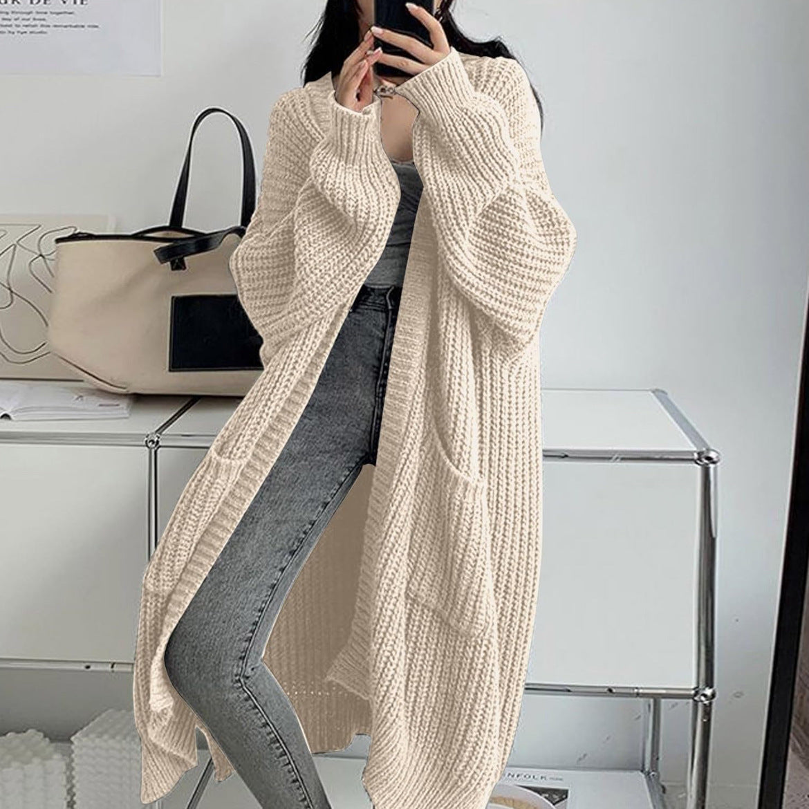 Women's Long Chunky Knit Open-Front Cardigan with Pockets