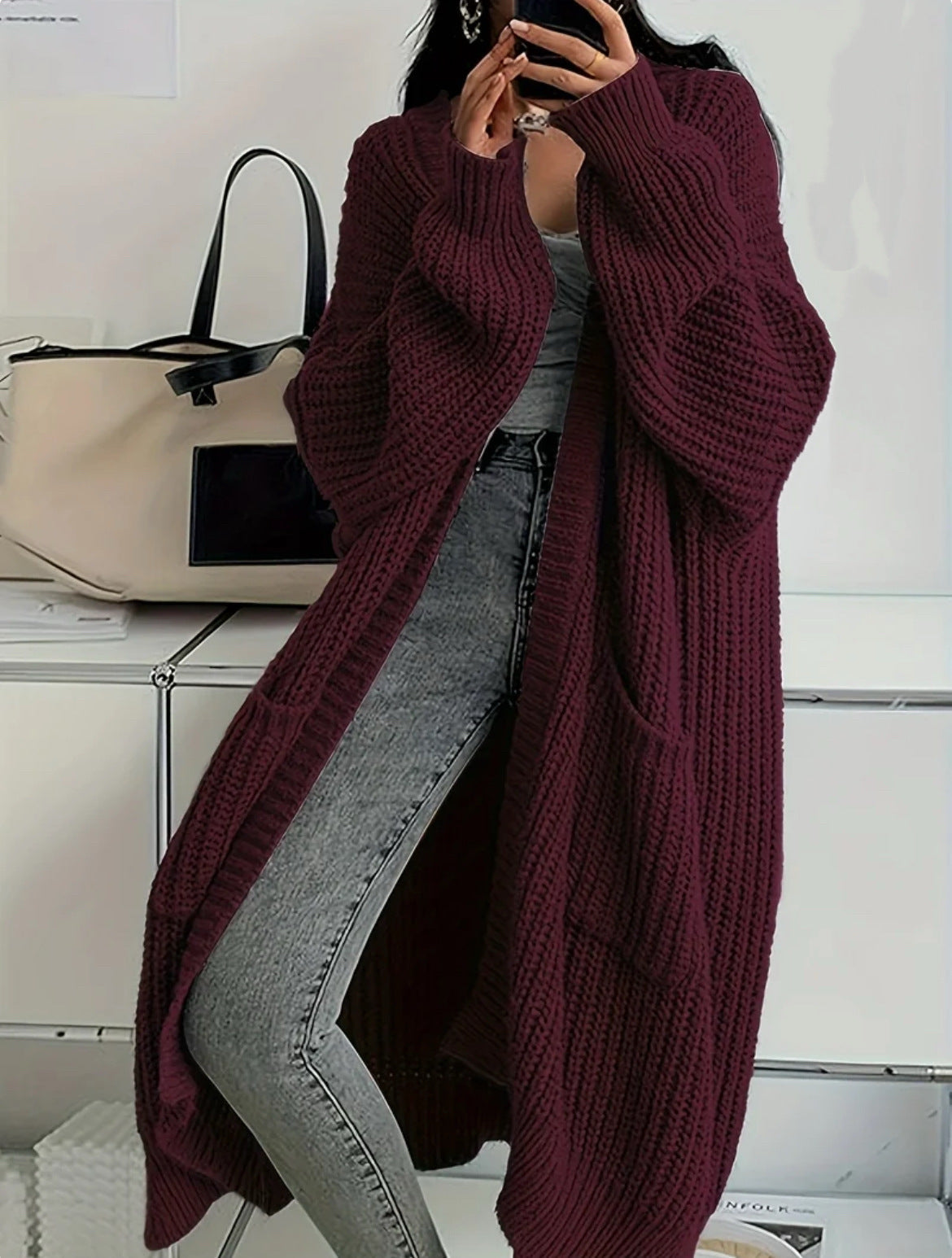 Women's Long Chunky Knit Open-Front Cardigan with Pockets