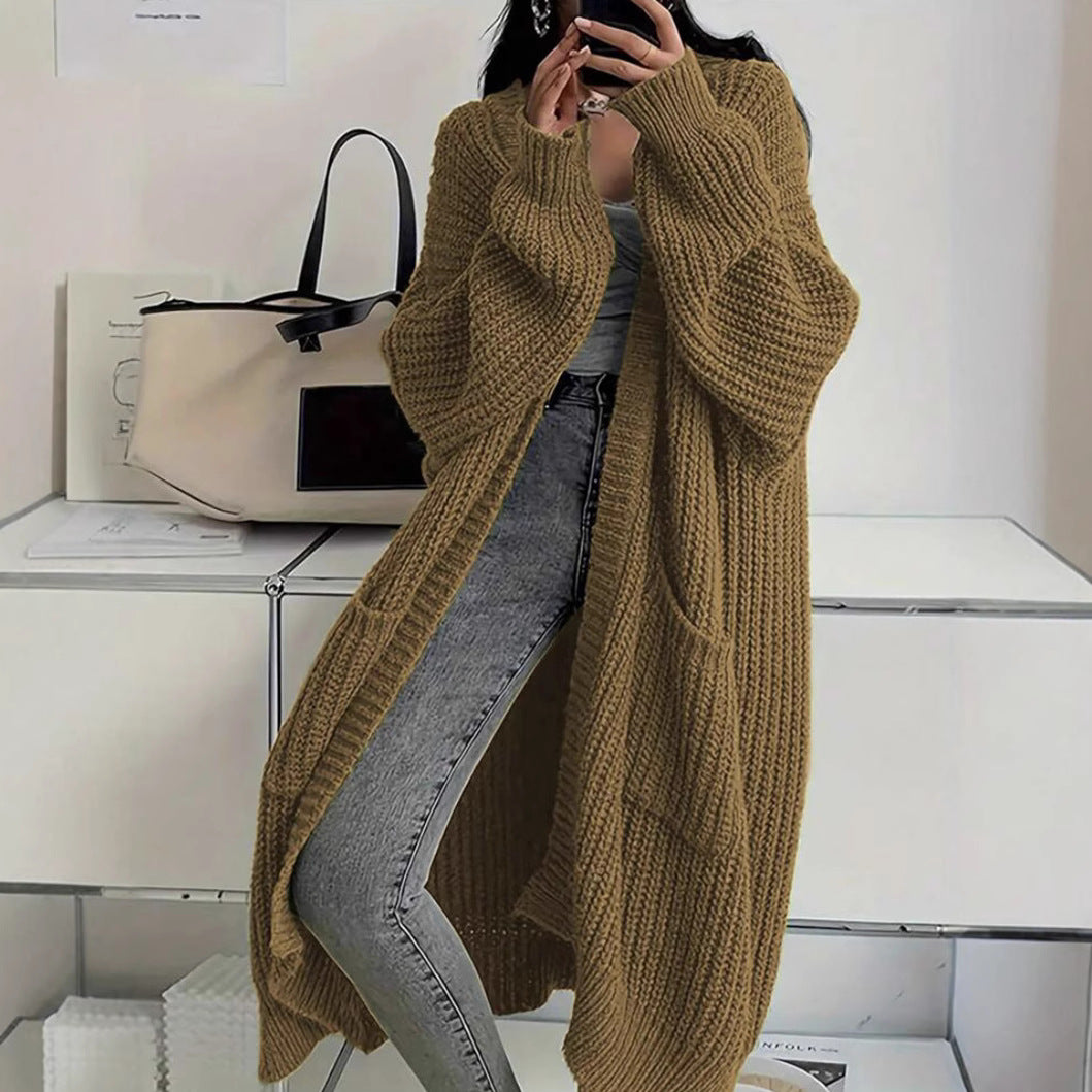 Women's Long Chunky Knit Open-Front Cardigan with Pockets