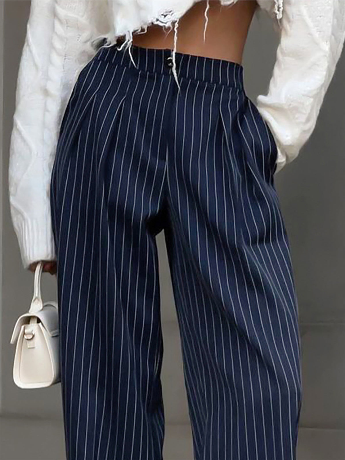 Pantalon femme taille haute à fines rayures, jambe large