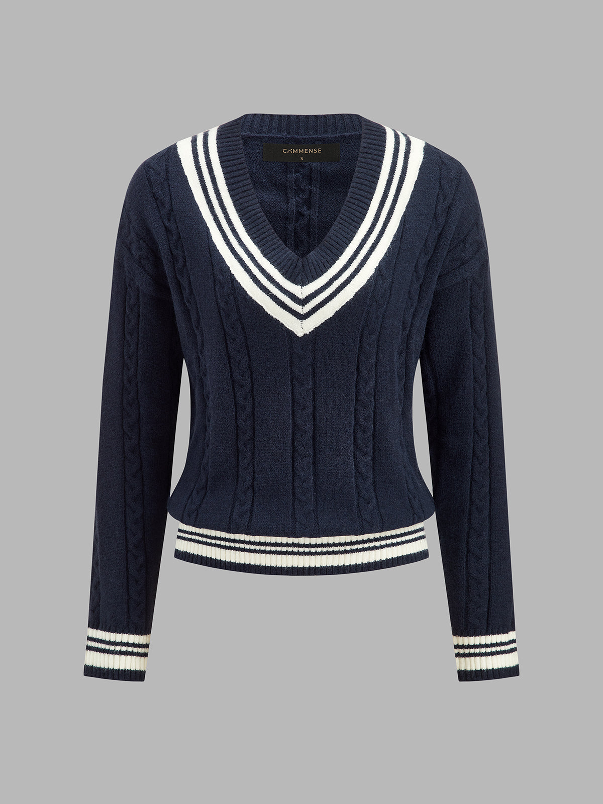 Women's Cable Knit V-Neck Sweater with Stripe Trim