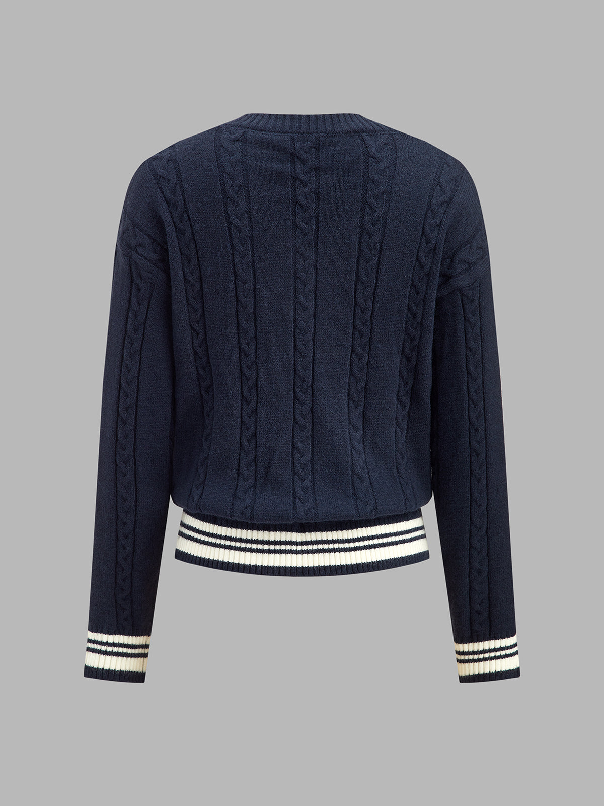 Women's Cable Knit V-Neck Sweater with Stripe Trim
