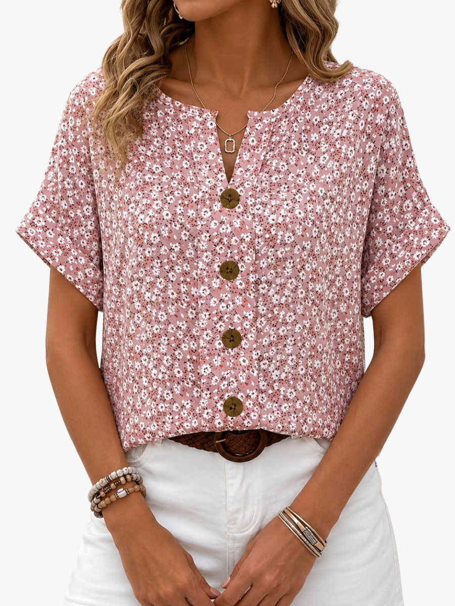 Women's Floral Button Front Short Sleeve Blouse