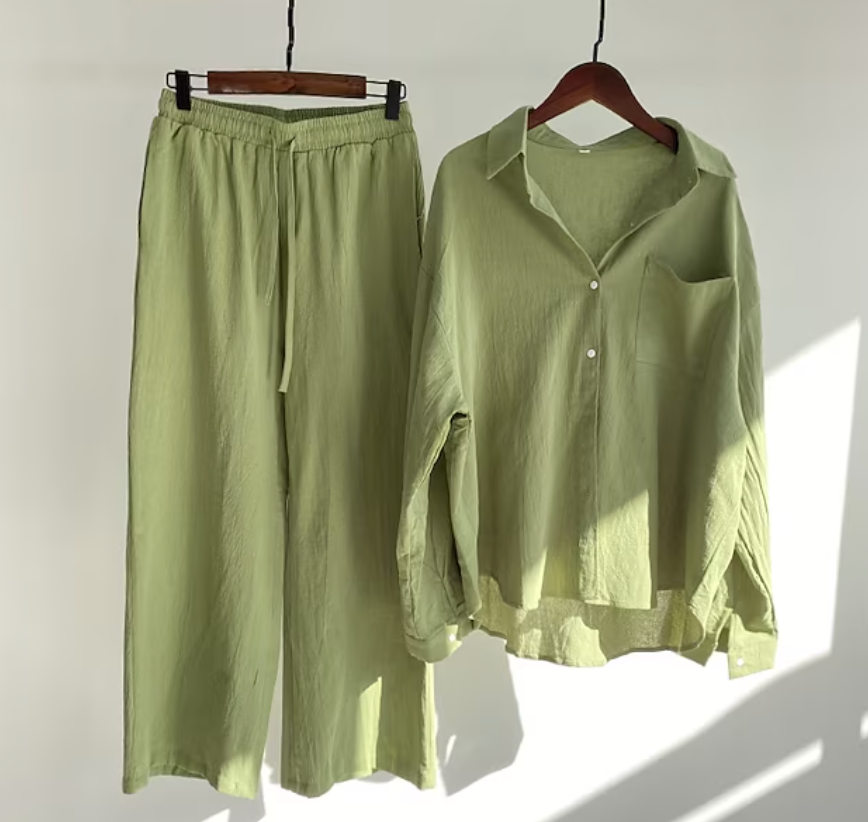 Linen Shirt and Wide-Leg Trouser Set with Tie Waist
