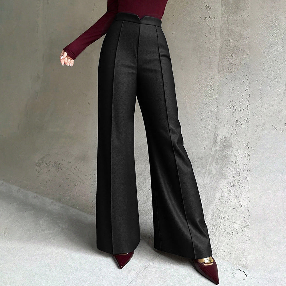 Pantalon large taille haute pour femme avec ceinture en V