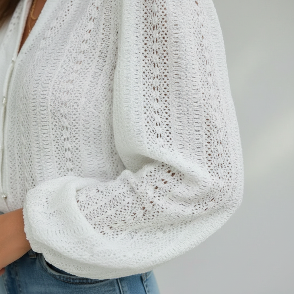 Knit Lace Blouse with Button Front and Balloon Sleeves