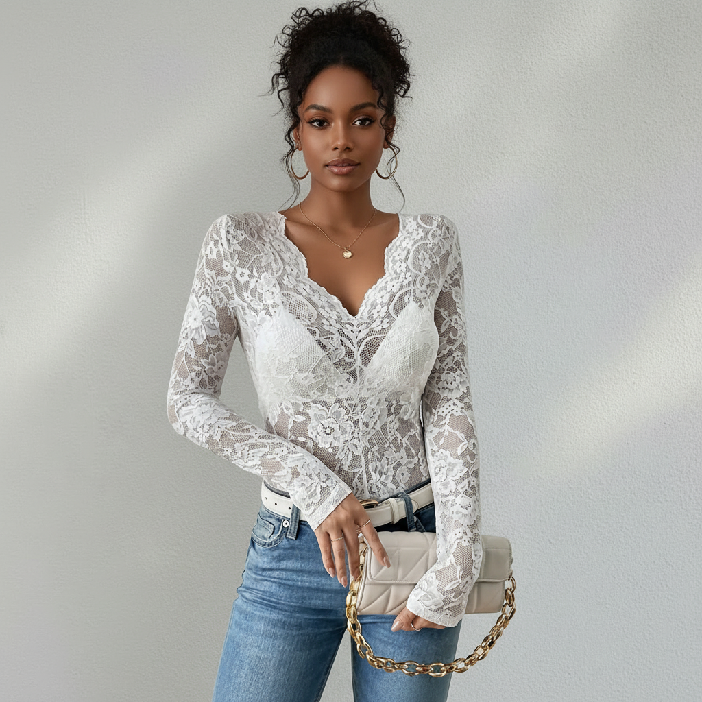 Lace Blouse with V-Neck and Long Sleeves