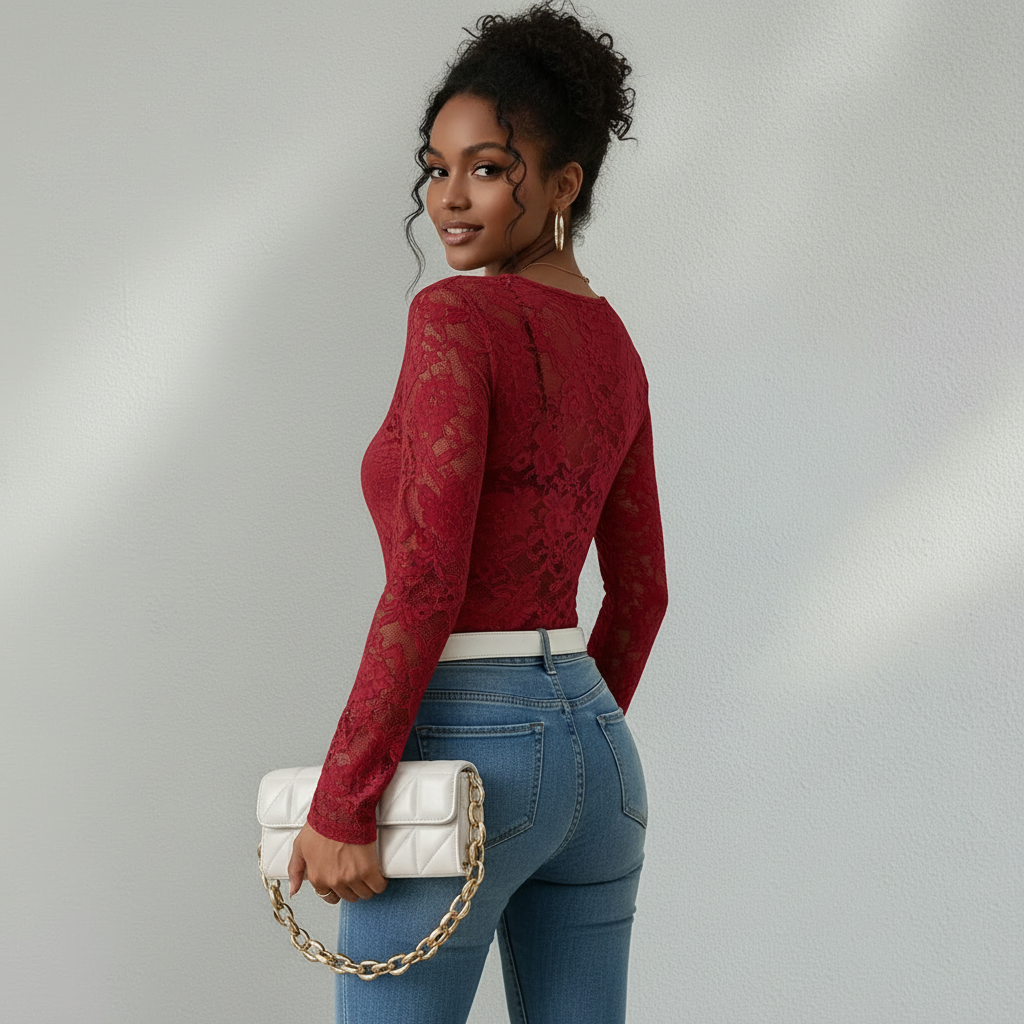Lace Blouse with V-Neck and Long Sleeves