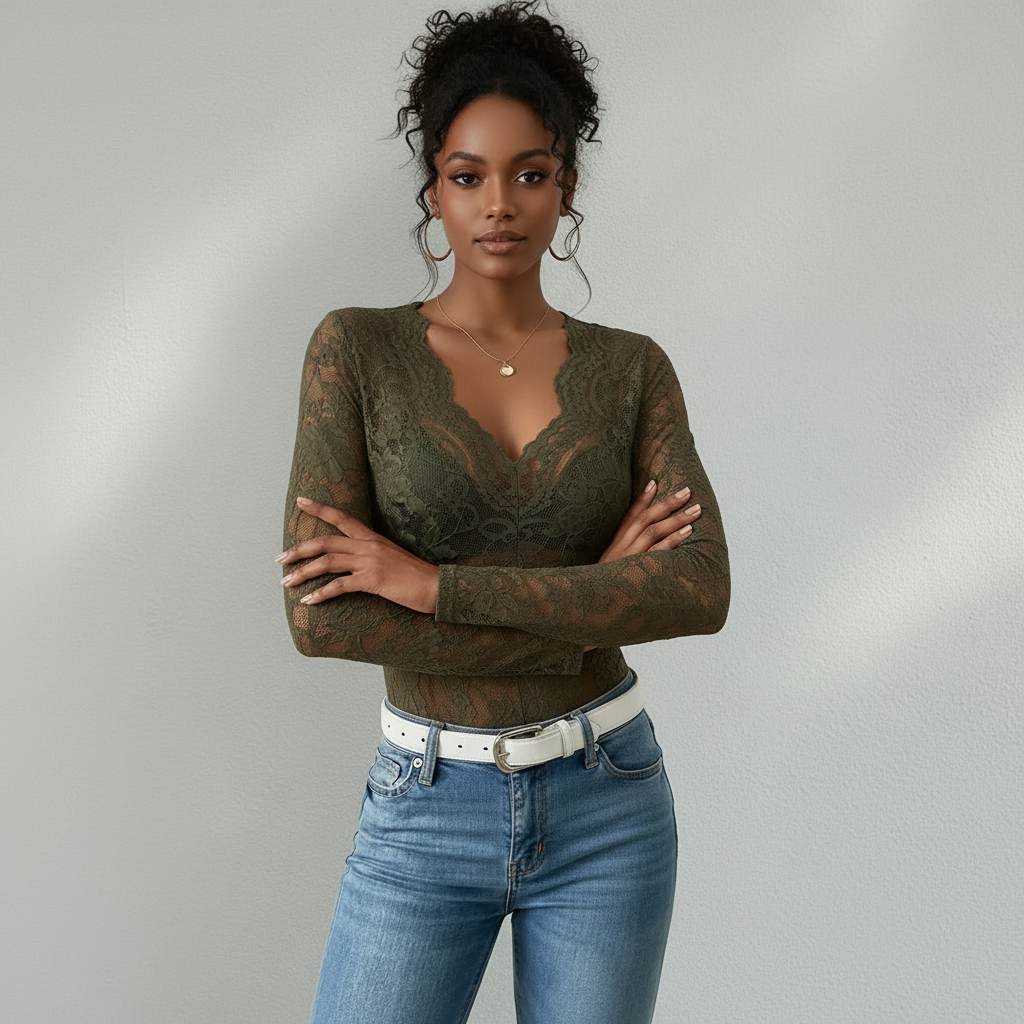 Lace Blouse with V-Neck and Long Sleeves