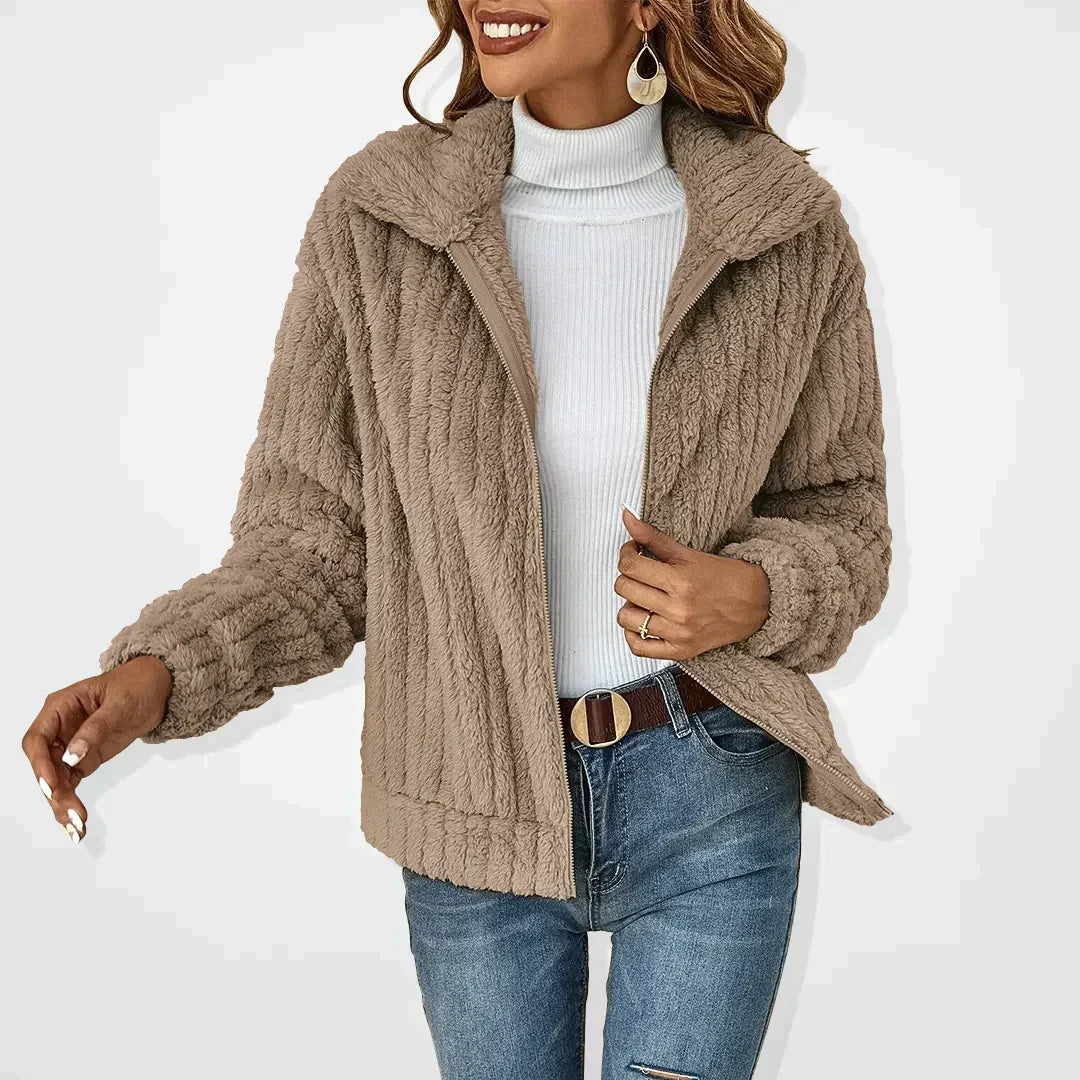 Women's Borg Fleece Zip Jacket | Wide Lapel Collar