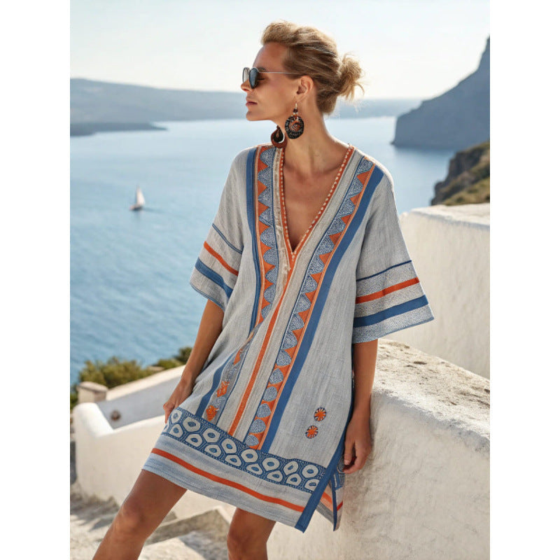 Embroidered Kaftan Dress with V-Neck and Wide Sleeves
