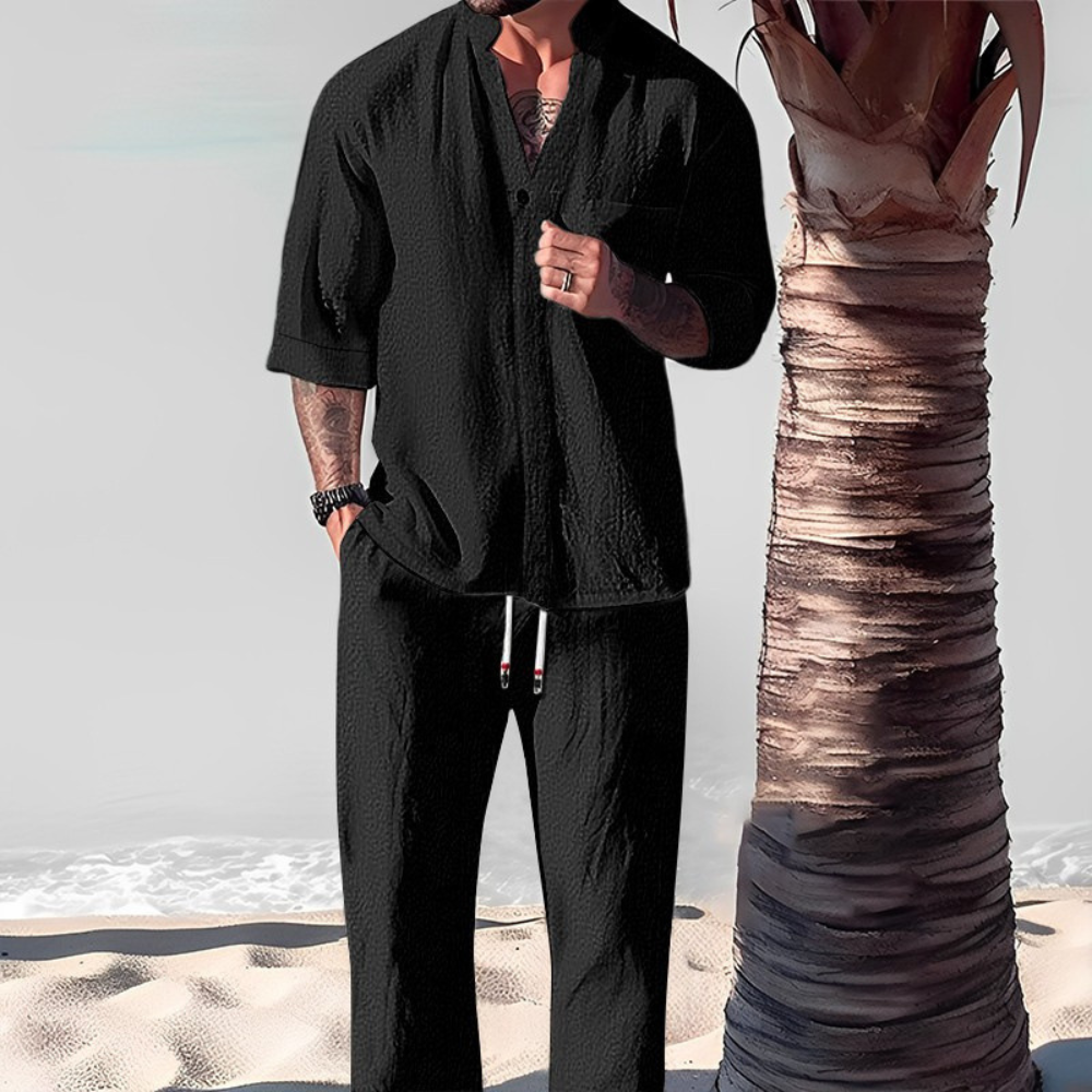 Linen-Blend Shirt and Trouser Set with V-Neck