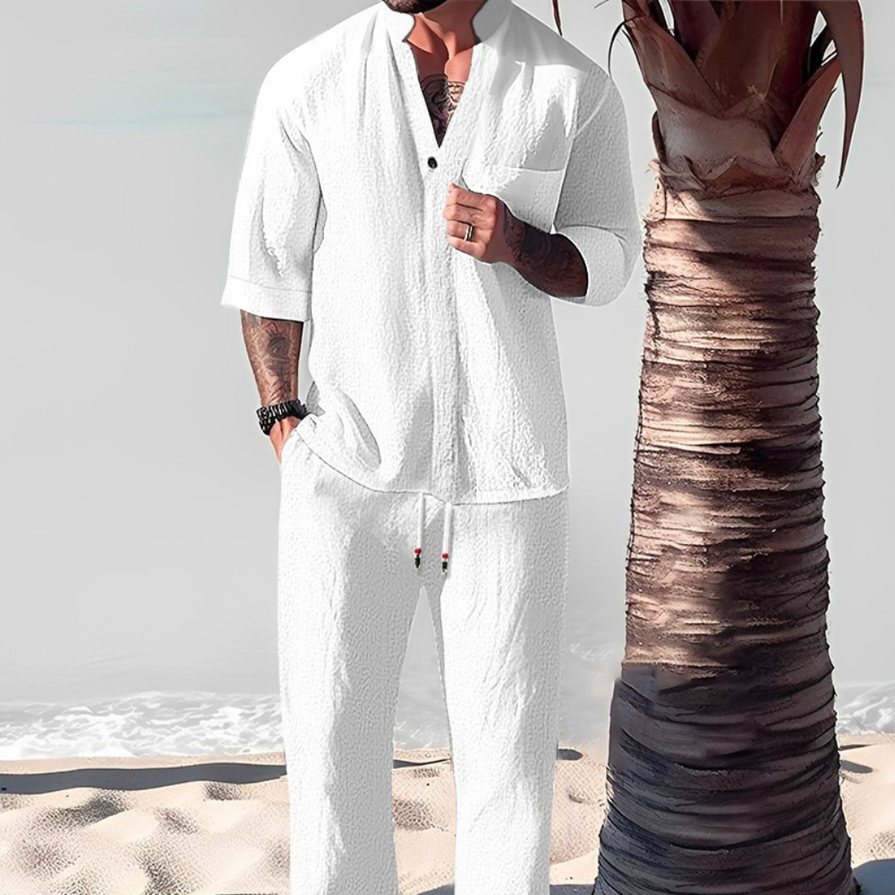 Linen-Blend Shirt and Trouser Set with V-Neck
