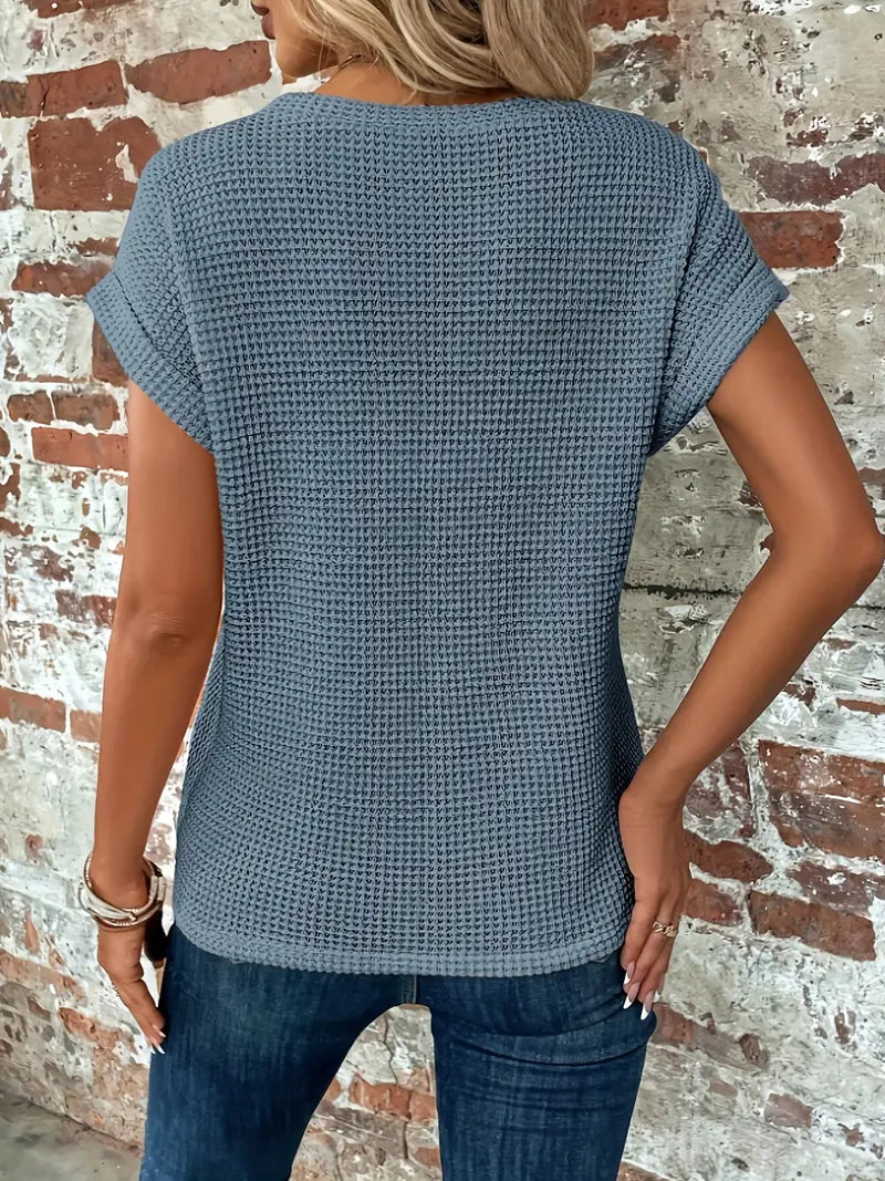 Waffle Knit Twist-Front Top with Cap Sleeves