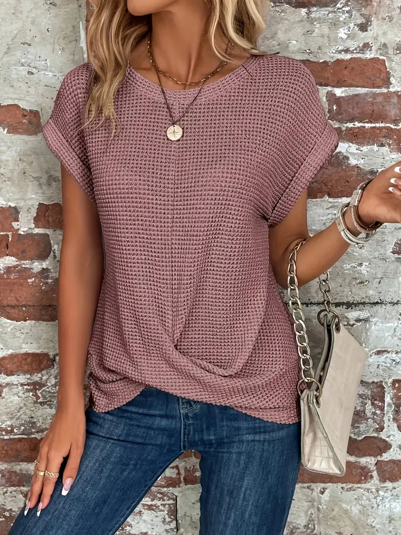 Waffle Knit Twist-Front Top with Cap Sleeves