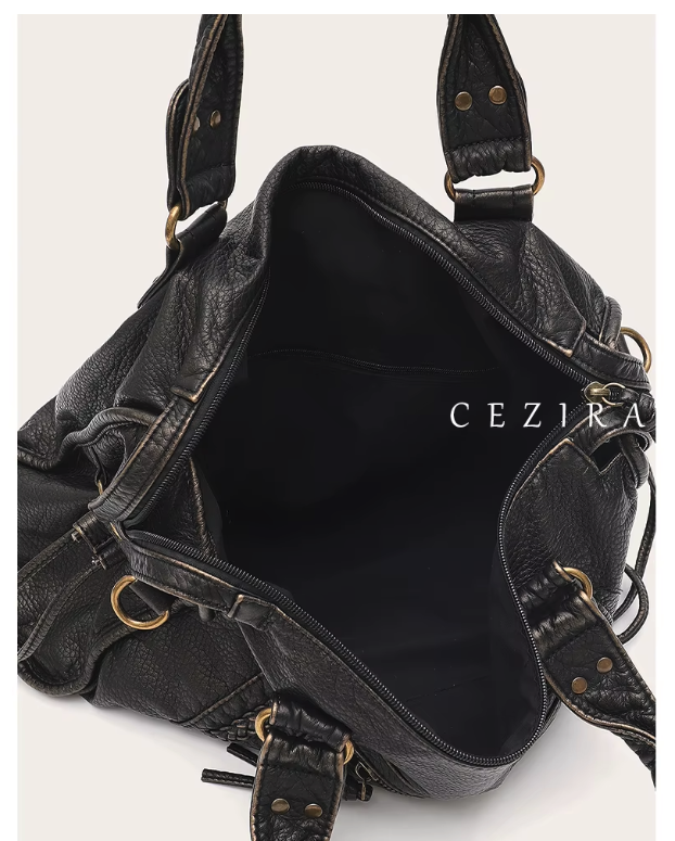 Shoulder Bag in Faux Leather with Top Handles and Crossbody Strap