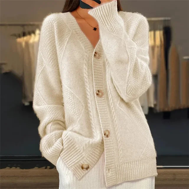 Cardigan en maille torsadée à col V et boutons pour femme