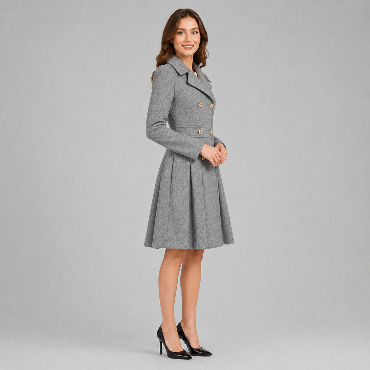 Women's Double Breasted Winter Coat with Flared Skirt
