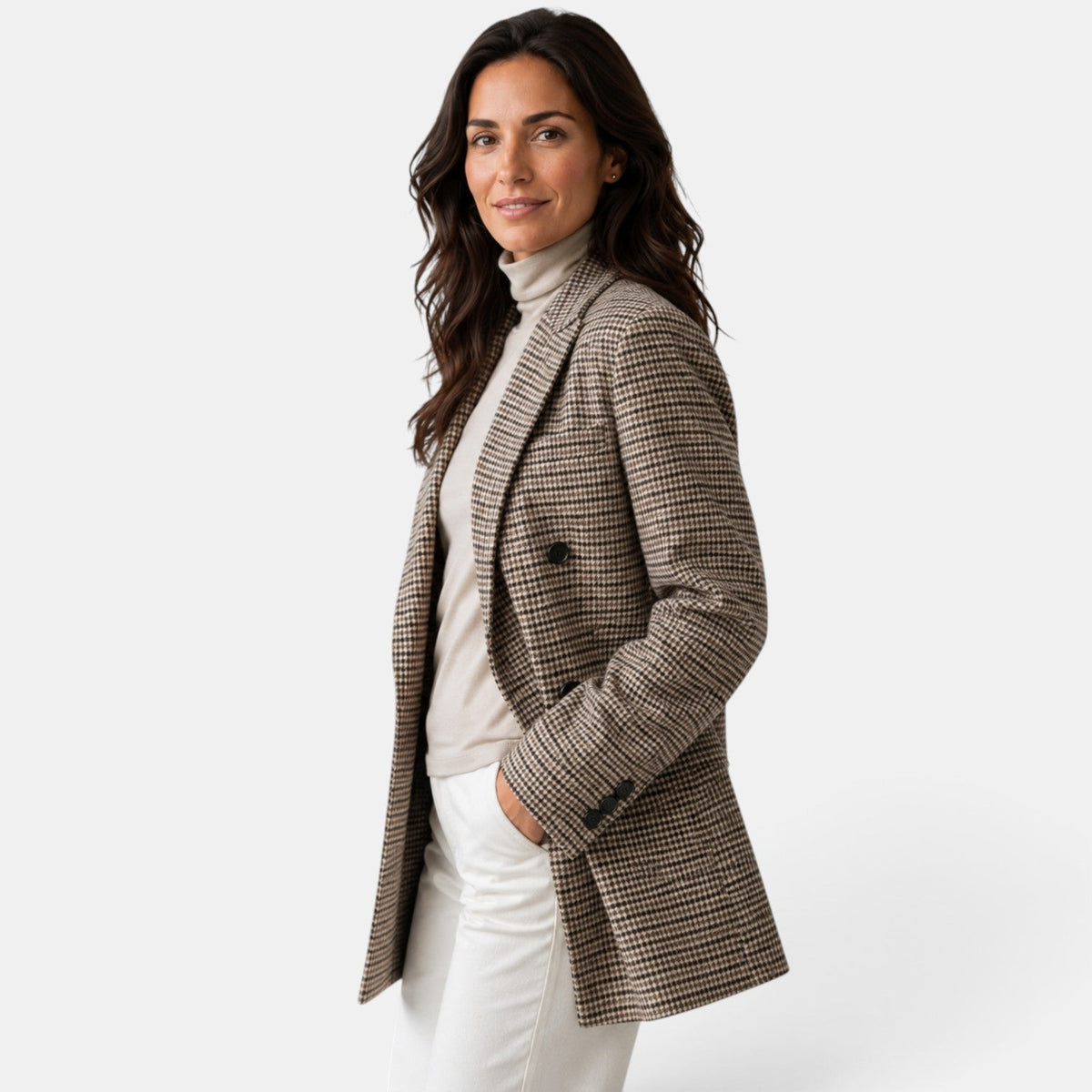 Blazer long à carreaux croisé pour femme