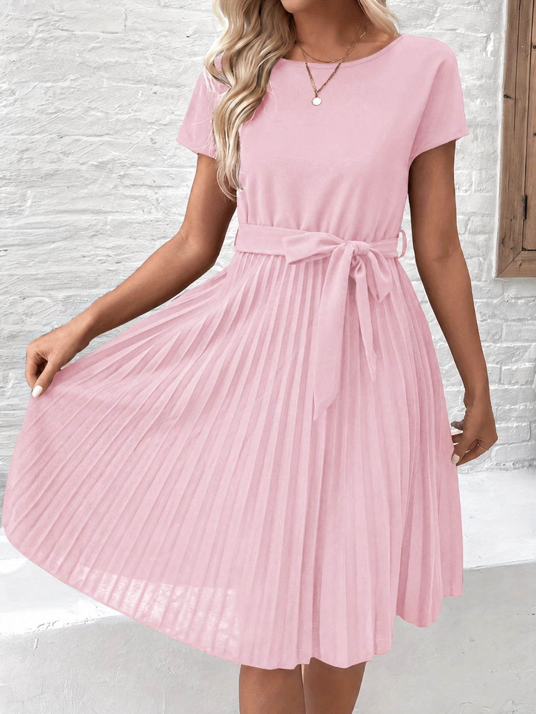 Women's Pleated Waist Tie Midi Dress