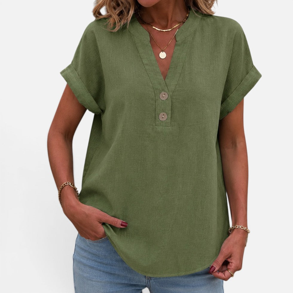 Women's V-Neck Short Sleeve Blouse with Button Detail