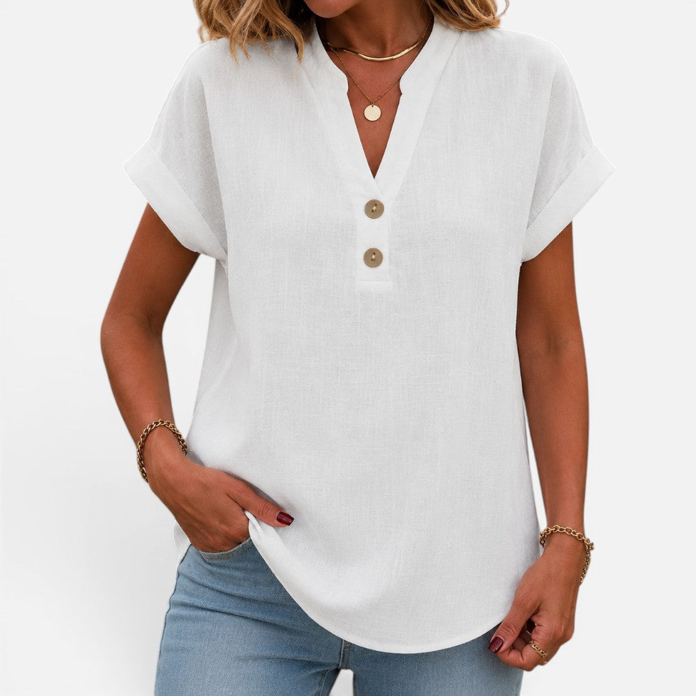 Women's V-Neck Short Sleeve Blouse with Button Detail