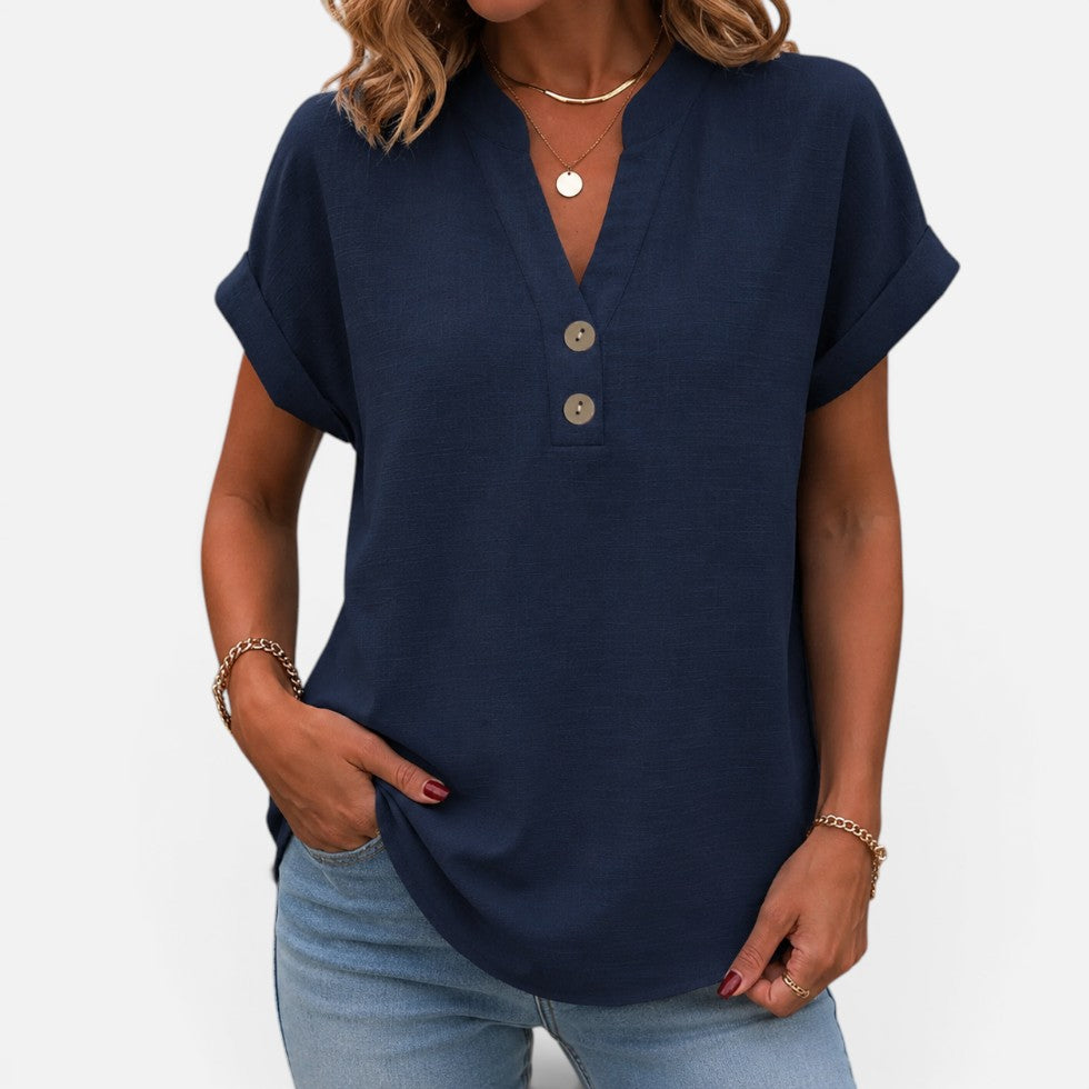 Women's V-Neck Short Sleeve Blouse with Button Detail