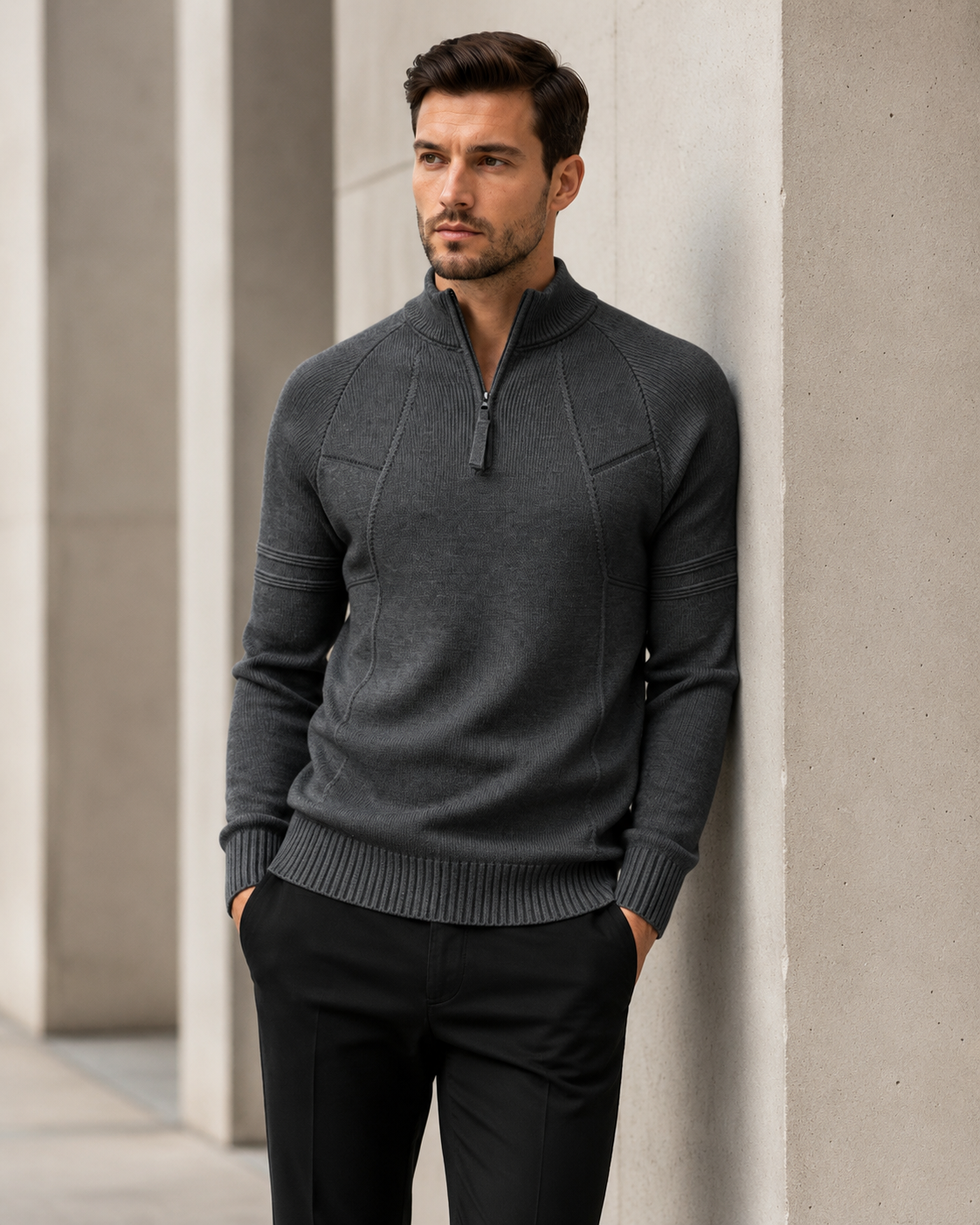 Men's Half-Zip Knit Jumper with Ribbed Hem