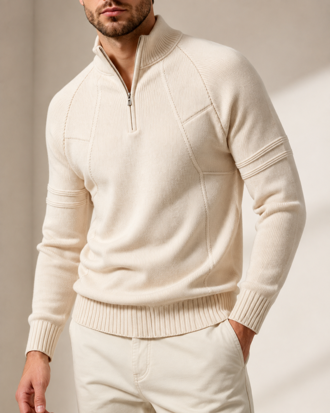Men's Half-Zip Knit Jumper with Ribbed Hem