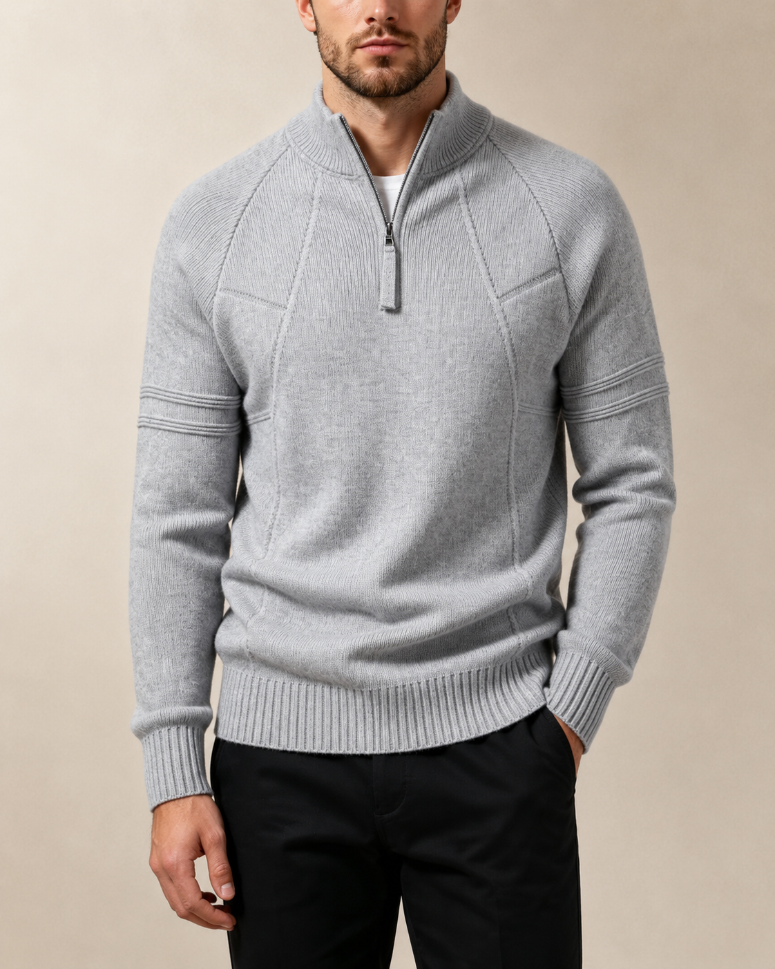 Men's Half-Zip Knit Jumper with Ribbed Hem