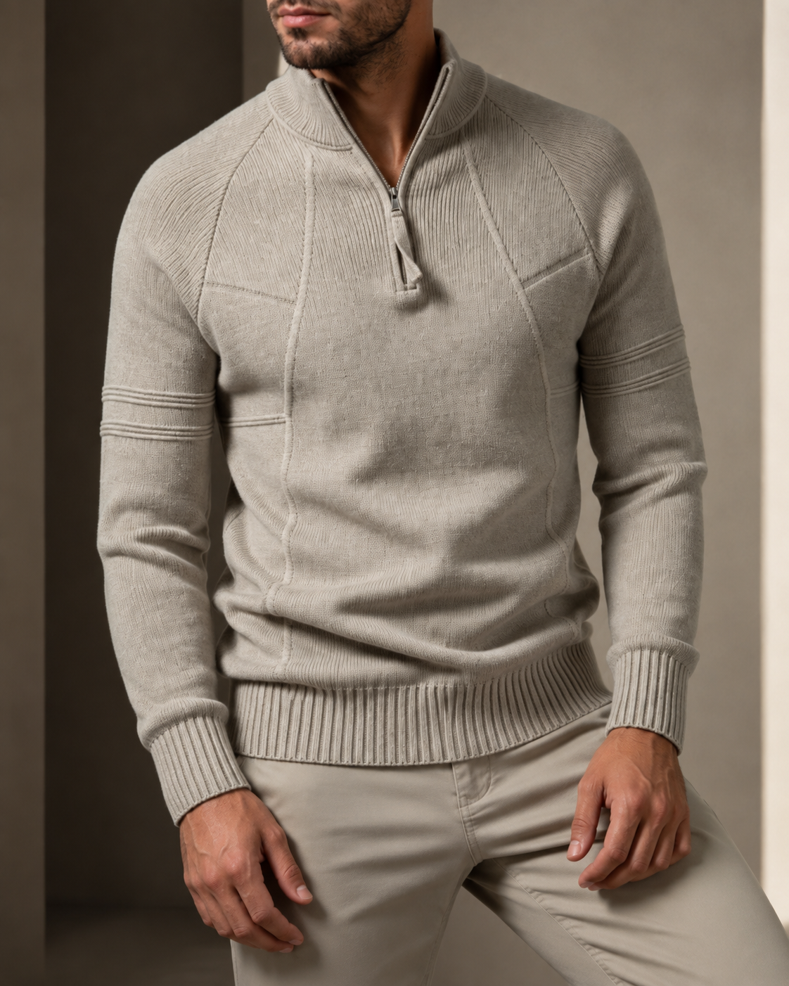 Men's Half-Zip Knit Jumper with Ribbed Hem