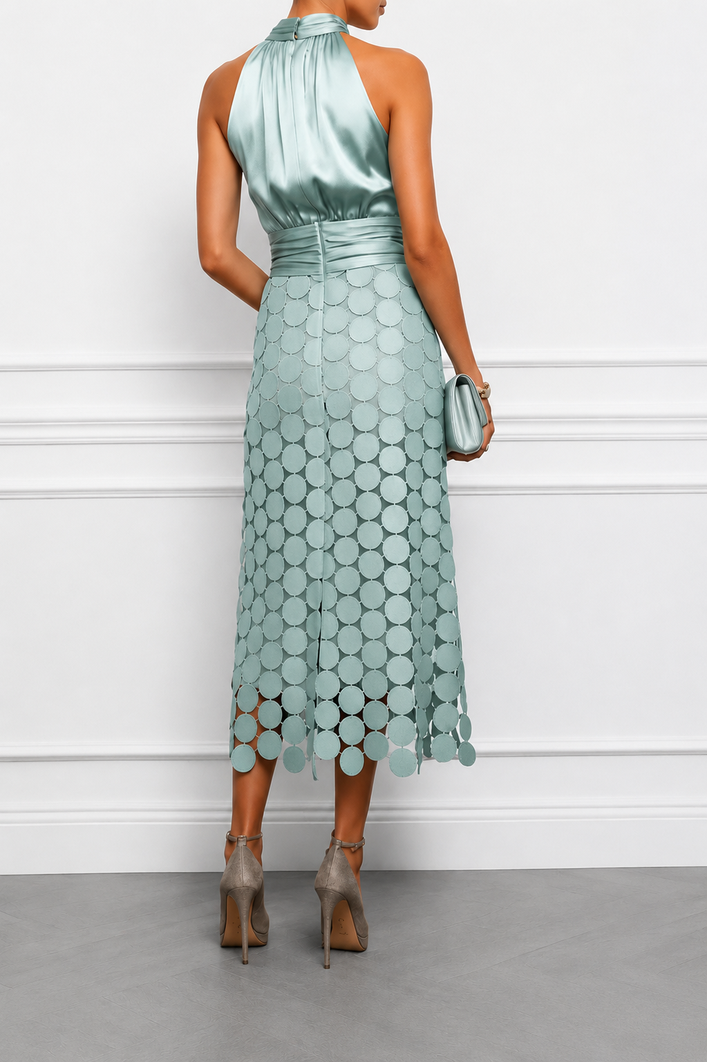 Women's Halterneck Satin & Disc Detail Midi Dress