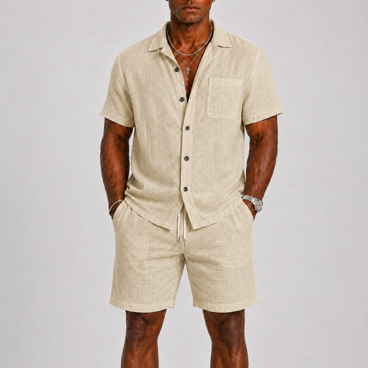 Men's Cotton Blend Short Sleeve Shirt and Shorts Set